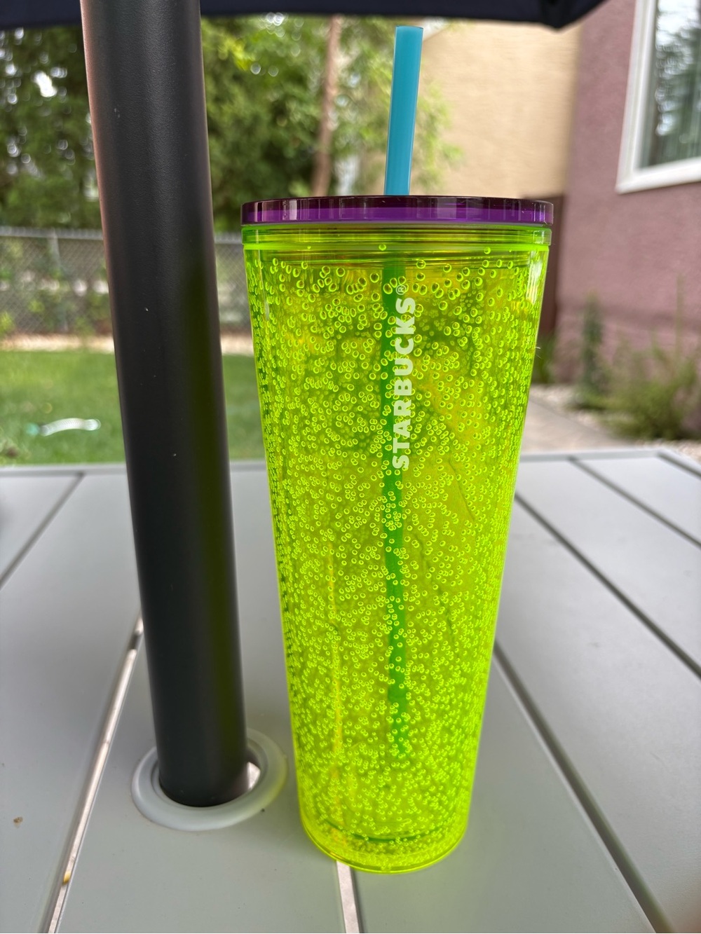 Starbucks Neon Lime Bubbles Tumbler with Purple lid & Blue Straw